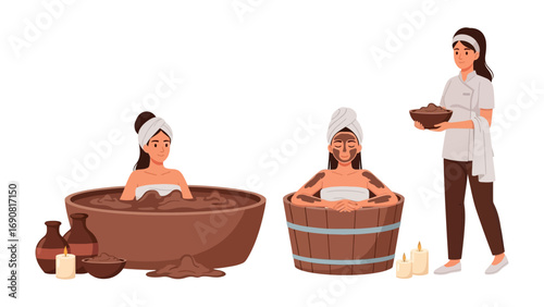 Relaxed women enjoying therapeutic mud baths in large earthenware bowl and wooden barrel with spa attendant holding bowl of mud