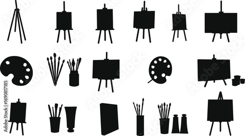 Art tools silhouettes, easels, paint palettes, brushes, paint tubes, creative studio supplies, artist workspace, painting equipment, drawing materials, design icons