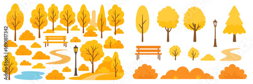 Autumn city park constructor set with various fall trees, bushes, a bench, lamppost, pond, and path for landscape design isolated on a white background