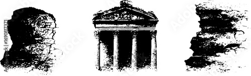 Grunge black and white set of geometric stone structures for urban art design