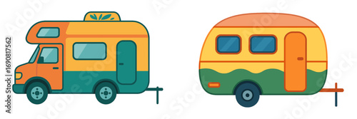 Colorful motorhome and camping trailer set isolated on a white background for travel, vacation, and outdoor adventure themes