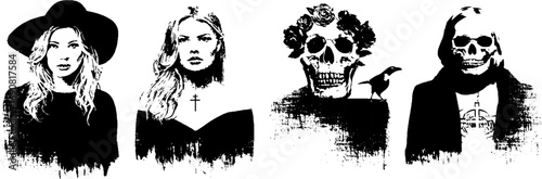 Grunge black and white gothic portraits and skull art set for edgy urban design
