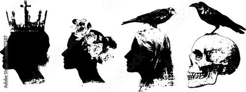 Grunge black and white goth silhouettes with crow and skull for artistic design