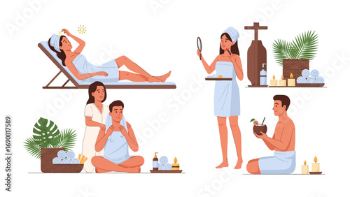 Relaxing spa day montage featuring people enjoying massages facials and serene treatments in a tranquil wellness environment