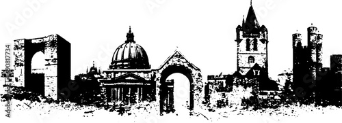 Gothic architecture grunge illustration set in black and white for creative design
