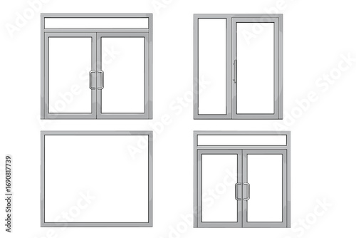 Collection of modern aluminum glass doors and windows with various configurations for architectural visualization and building design