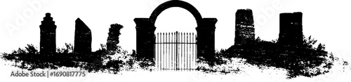Gothic grunge black and white illustration set featuring ruins and archway