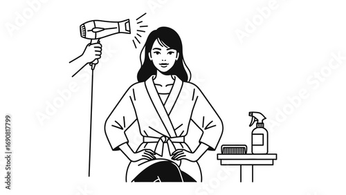 Young woman with long dark hair wearing a white robe sits while a hand holds a hairdryer to dry her hair in a salon setting