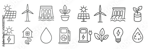 Renewable energy line icon set with solar panel, wind turbine, and hydroelectric dam symbols for green power and ecology concepts