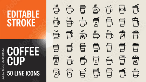 Coffee cup and beverage icons.Including coffee, cup, drink, paper, disposable, mug, container, and others option. editable stroke. vector illustration.