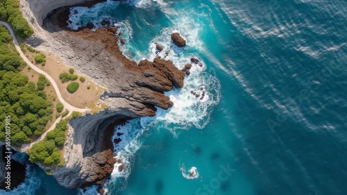 Scenic rock cliff and blue ocean with stormy waves. Drone view