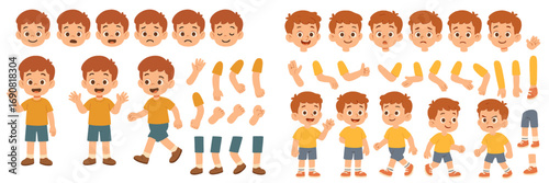 Cartoon boy character creation kit with various facial expressions, hand gestures, and body parts for animation or custom poses