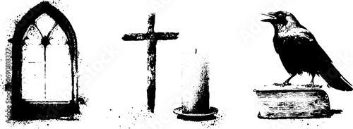 Gothic elements in grunge black and white: stencil window, cross, candle, and raven