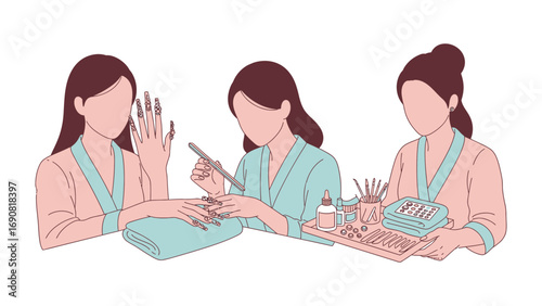 Three women in spa robes performing nail care services including manicures pedicures and nail art in a beauty salon setting