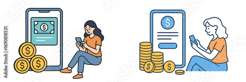 Woman using a smartphone for mobile banking and digital payments with floating currency icons representing financial technology