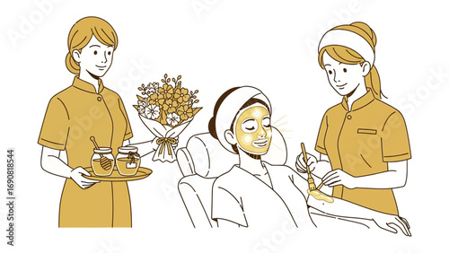 Two spa technicians in matching uniforms applying a golden facial mask to a client receiving a relaxing beauty treatment