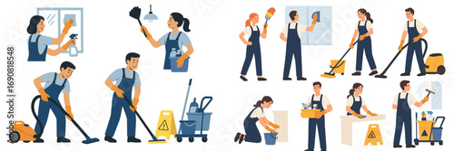 Set of professional cleaning service characters in uniform performing various housekeeping tasks with equipment like mops and vacuums