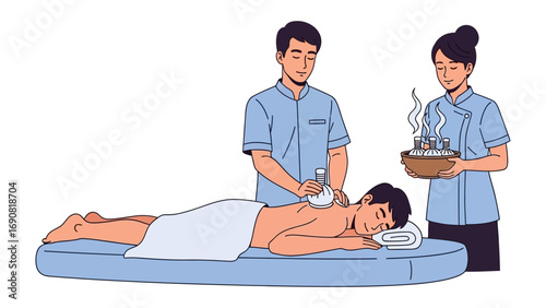 Two therapists providing a relaxing massage and herbal therapy to a client lying on a massage table in a spa setting