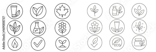 Line icon set with natural cosmetics and organic skincare symbols for eco-friendly products and bio packaging labels