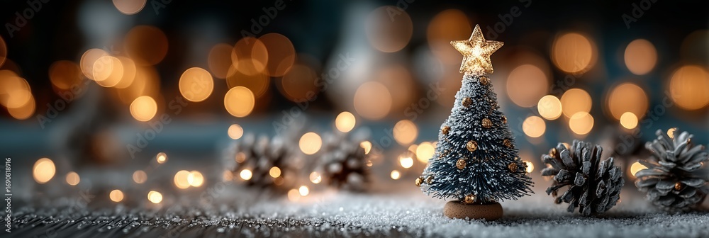 Fototapeta premium Silver and Gold Mini Christmas Tree with Star on Glitter Background