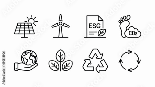 Eco-friendly ESG icon set. Thin line editable stroke icons for renewable energy, recycling, environmental impact, carbon footprint, green practices, water reuse, and planet care.