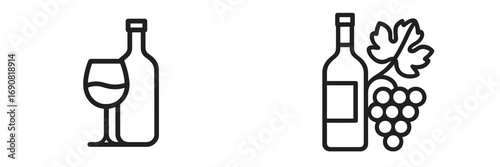 Wine bottle and glass line icon set with grapes and leaf for winery menu or alcohol beverage concept