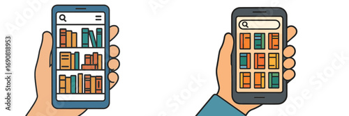 Hand holding a smartphone with an online library application for reading and searching digital ebooks on the screen