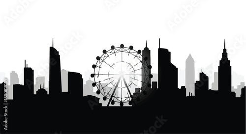 Iconic Ferris wheel stands tall amidst a modern city skyline at dusk, a symbol of urban entertainment and progress.