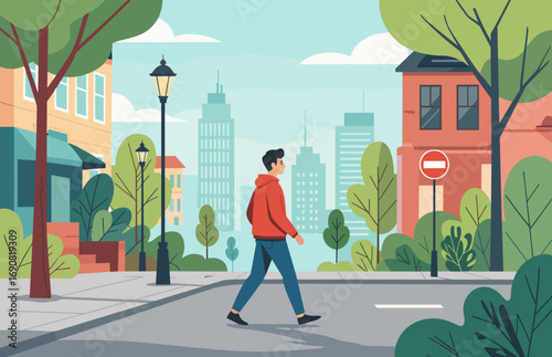 Man walking away on street, casual mood, urban setting