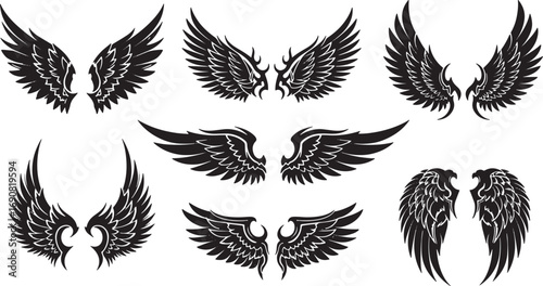 A collection of seven intricate black and white vector wing illustrations, perfect for heraldic emblems, tattoos, and representing concepts of freedom and spirituality