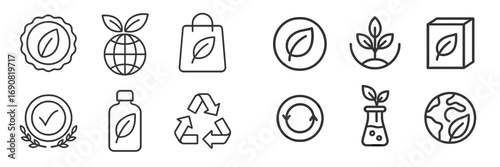 Eco friendly and sustainability line icon set for natural products and environmental care with symbols for recycling and packaging