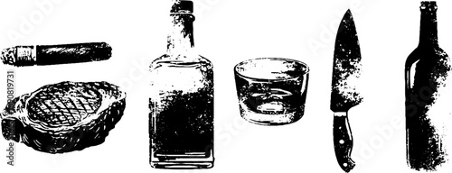 Grunge black and white set of vintage objects for design and decoration