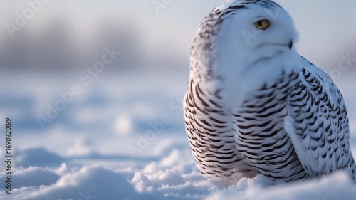 The snowy owl stands on the snow while observing the surrounding area.