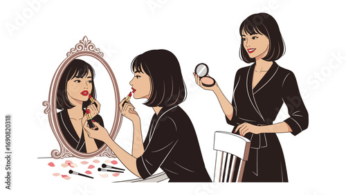 Two stylish women applying makeup in front of an ornate vanity mirror one applying lipstick the other holding blush