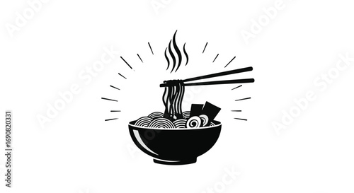 Steaming hot bowl of ramen noodles with chopsticks, culinary delight