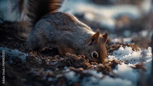 Squirrels are digging through the snow to find seeds.