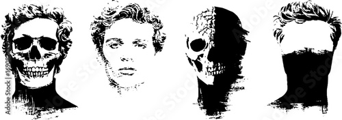 Grunge black and white skull and face illustration set for urban art and design