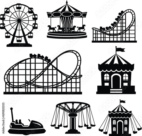 Black and white amusement park icons featuring roller coasters, ferris wheel, bumper cars, carousel, and circus tents.