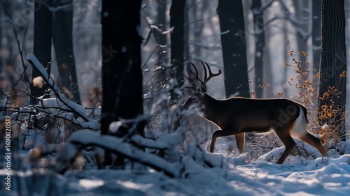 A deer walks behind a snow-covered tree.