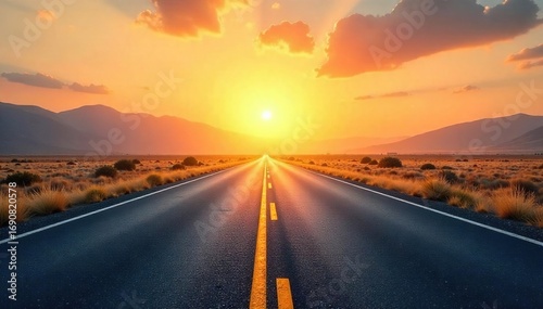 Endless asphalt ribbon disappearing into a hazy, sun-drenched horizon, promising adventure and open road freedom Perfect for travel, wanderlust, and journey concepts , haze, clouds