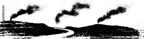 Grunge black and white landscape with smoky hills and winding road for artistic design