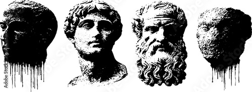 Classical sculpture busts in black and white grunge stencil art for urban design