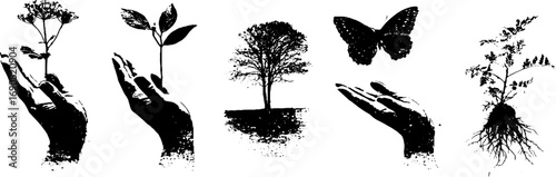 Grunge black and white hand and nature silhouette set for artistic design