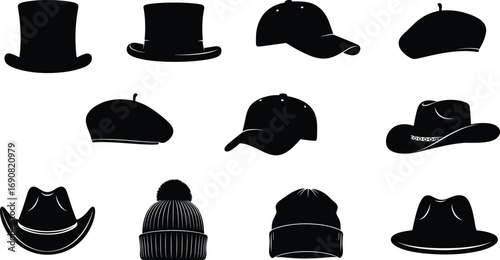 Black and white hat silhouettes including top hat, baseball cap, beret, cowboy hat, beanie, fedora, and winter hat.