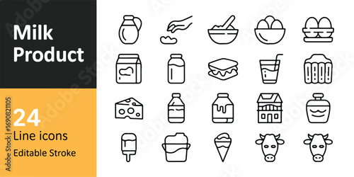Outline vector icons for all things dairy and milk. The set has an editable stroke and is a clean, modern illustration perfect for any design.
