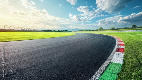 A winding asphalt race track with green grass on the sides and a blue sky with white clouds in the background.
