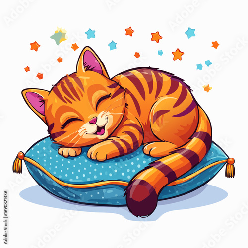 Adorable Cartoon Cat Sleeping Peacefully on a Pillow with Sparkling Stars