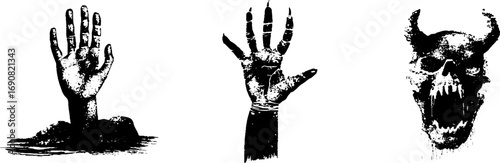 Grunge black and white hand and skull illustrations for urban art and design
