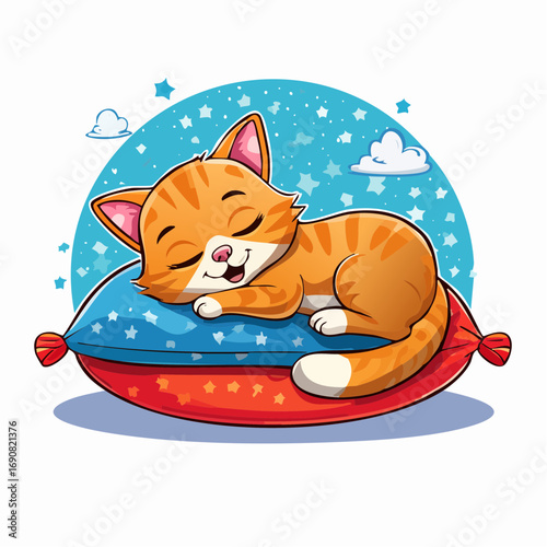A charming cartoon illustration of a cute orange tabby cat sleeping soundly on a colorful pillow under a starry sky