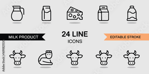 Outline vector icons for all things dairy and milk. The set has an editable stroke and is a clean, modern illustration perfect for any design.